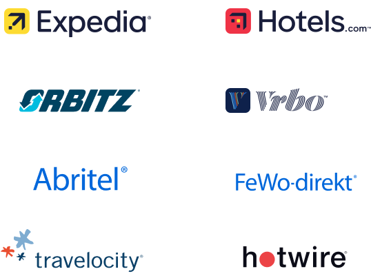 Logotipo das marcas Expedia, Hoteis.com, Orbitz, Vrbo, Abritel, FeWo-direkt, Travelocity e Hotwire  