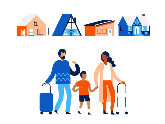  Family with luggage to travel searching vacation rentals on mobile phone