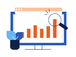 Illustration of a desktop computer and plant with a magnifying glass highlighting an on-screen revenue chart.