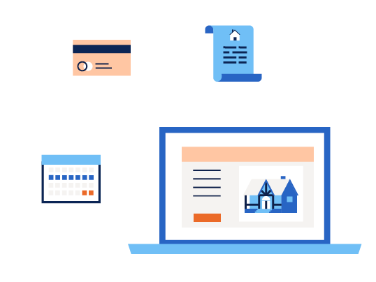 Property listing displayed on laptop with calendar, credit card and cancellation policy call-outs